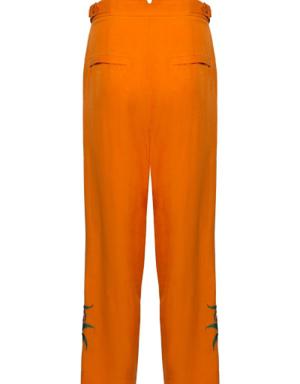 High Waist Embroidery Detail Pleated Orange Trousers