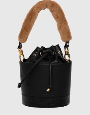 Fur Detailed Black Leather Bag