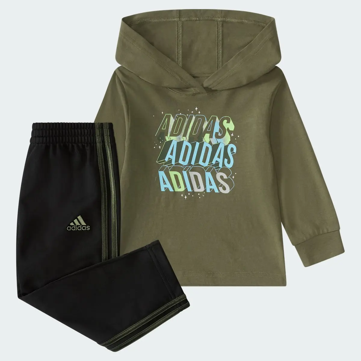 Adidas Two-Piece Long Sleeve Graphic Hooded Tee and Pant Set. 1
