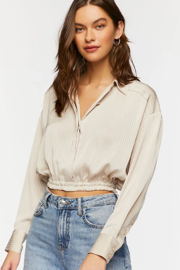 Forever 21 Forever 21 Cropped Satin Shirt Neutral Grey. 1