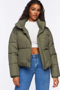 Forever 21 Forever 21 Funnel Neck Puffer Jacket Olive. 2