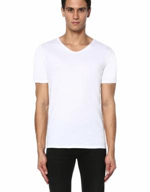 Beyaz V Yaka Basic T-shirt