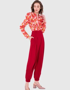 Crepe Pleated Elastic Shalwar Red Trousers