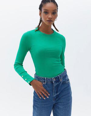 Yeşil Pamuklu Uzun Kollu Tişört
