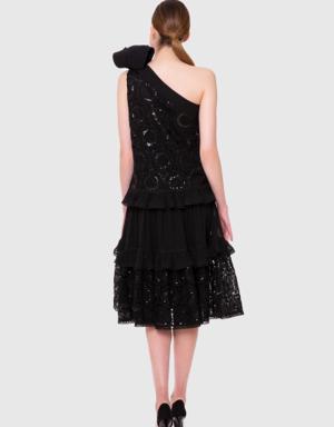 One Shoulder Embroidered Ruffle Lace Black Midi Dress