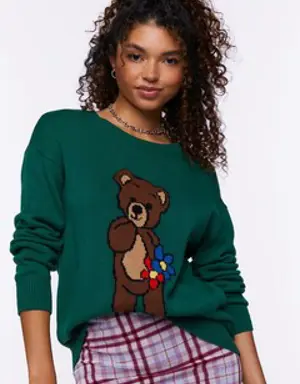 Forever 21 Teddy Bear Graphic Sweater Green/Brown
