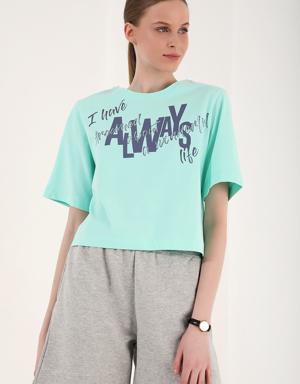 Mint Yeşili Asimetrik Yazı Baskılı O Yaka Kadın Oversize T-Shirt - 97136
