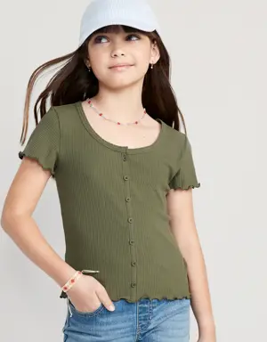 Rib-Knit Button-Front Lettuce-Edge Top for Girls green