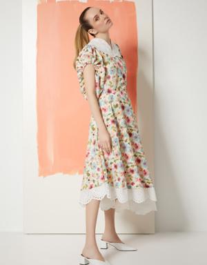 Watermelon Sleeve Humorous Floral Print Dress With Lace Detail