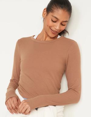 UltraLite Long-Sleeve Crew-Neck Ribbed Cropped Top for Women beige