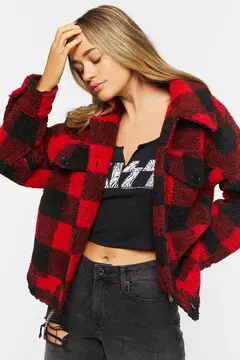Forever 21 Forever 21 Buffalo Plaid Faux Shearling Coat Red/Black. 2