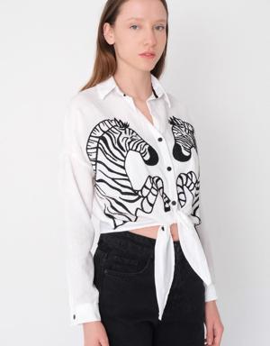 Zebra Nakışlı Bağlamalı Kısa Gömlek