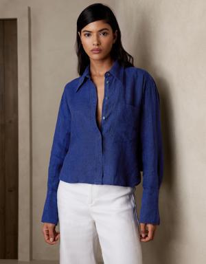 The Boxy Cropped Linen Shirt blue