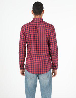 Slim Fit Shirt Neck Erkek Açık Kırmızı Uzun Kol Gömlek