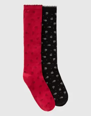 two pairs of floral jacquard socks