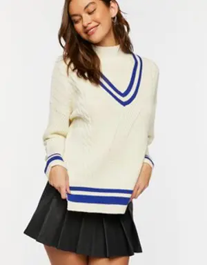 Forever 21 Mock Neck Varsity Sweater Cream/Blue