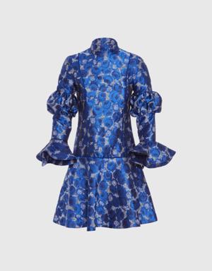 Floral Patterned Short Blue Jacquard Dress With Sleeve Detailed Ruffles