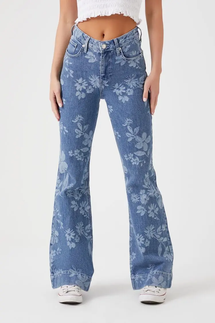 Forever 21 Forever 21 Floral Print Flare Jeans Medium Denim. 1