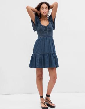 Flutter Sleeve Smocked Denim Mini Dress blue