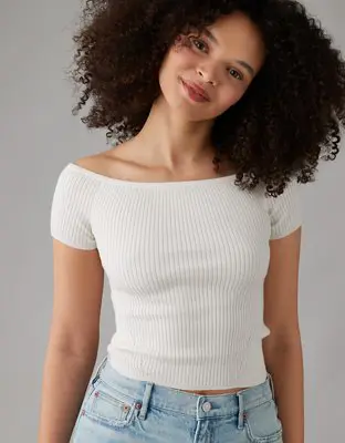 American Eagle Cropped Ribbed Off-The-Shoulder Top. 1