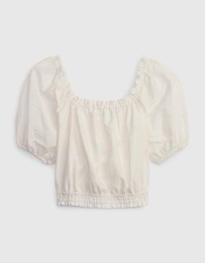 Kids Linen-Cotton Puff Sleeve Top white