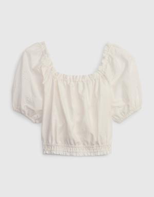 Gap Kids Linen-Cotton Puff Sleeve Top white