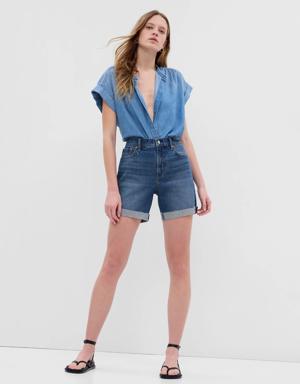 6" High Rise Cheeky Midi Denim Shorts blue