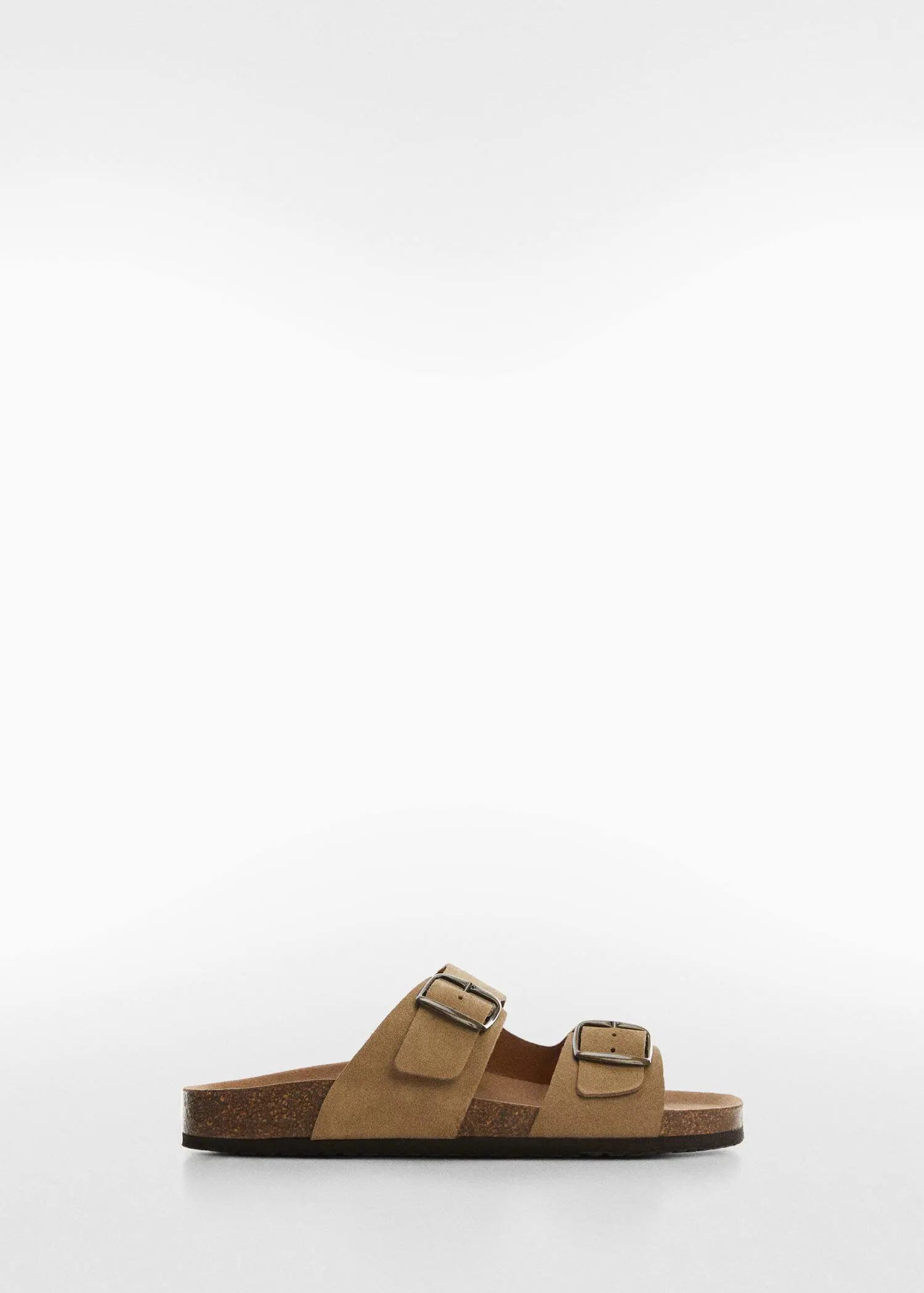 Mango Split leather sandals with buckle. a pair of brown sandals sitting on top of a white surface. 