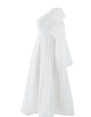 İşlemeli Fiyonk Detaylı Tek Omuz Asimetrik Beyaz Elbise