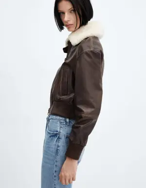 Leather bomber jacket with shearling collar