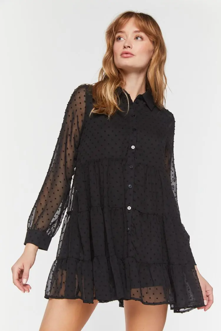 Forever 21 Forever 21 Swiss Dot Tiered Shirt Dress Black. 1