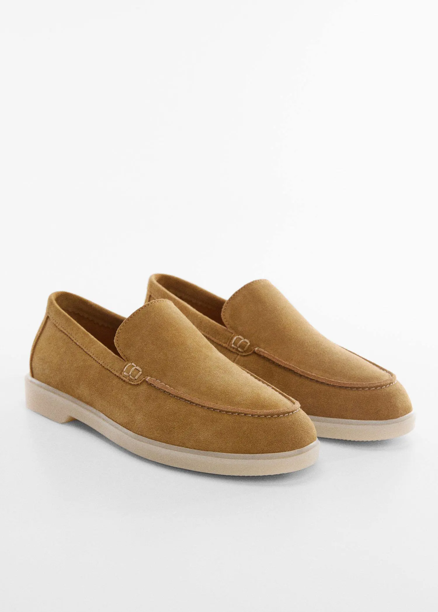 Mango Split leather shoes. a pair of tan loafers on top of a white surface. 