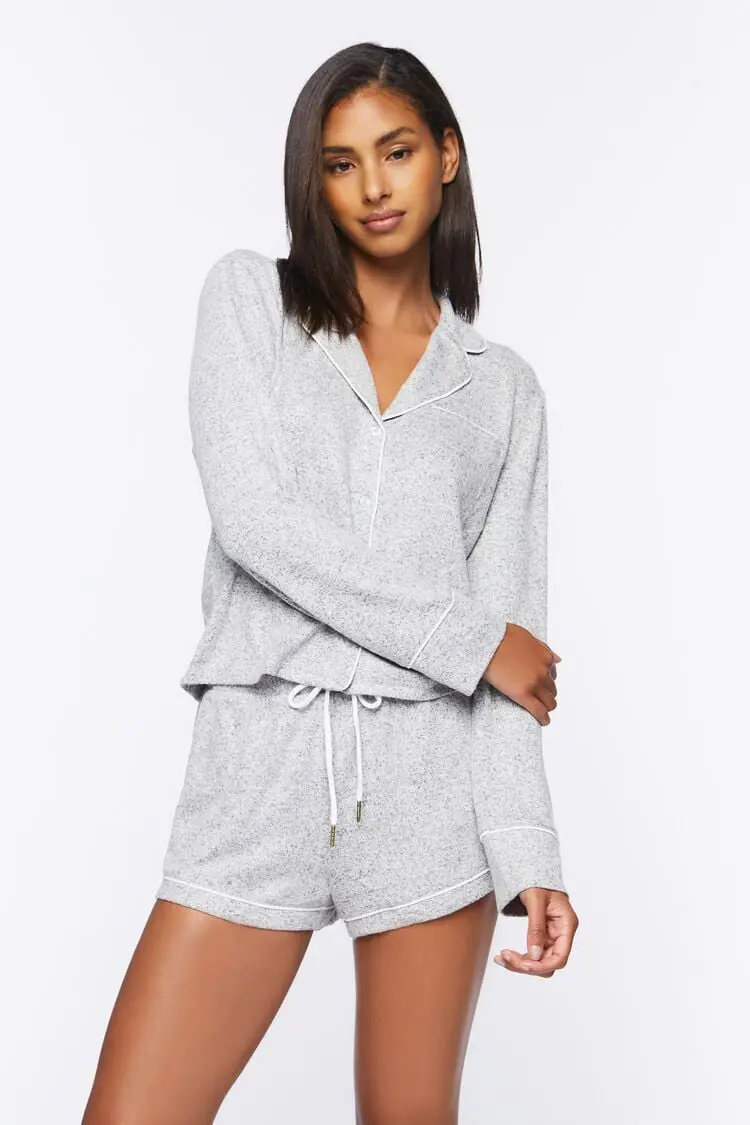 Forever 21 Forever 21 Piped Trim Shirt &amp; Shorts Pajama Set Heather Grey. 1