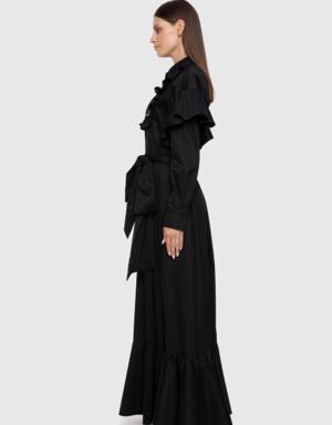 Embroidered and Pleated Detailed Long Black Dress