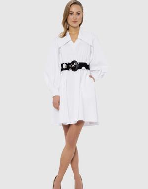 Belted Wide Collar White Mini Dress