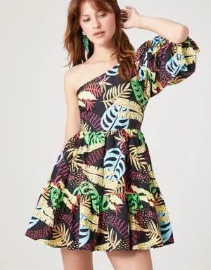 Forever 21 One Shoulder Tropical Print Mini Dress Black/Multi