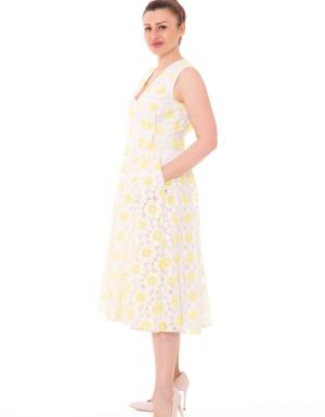 V-Neck Floral Patterned Midi White Dress