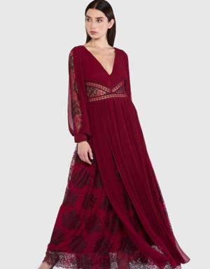 Lace Pleated Long Red Chiffon Dress