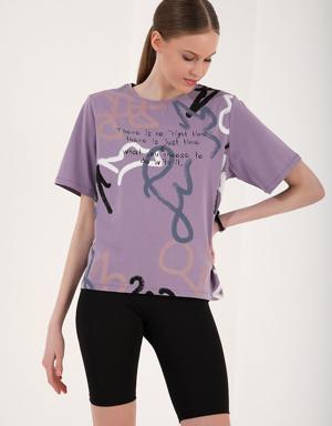 Eflatun Karışık Desenli Yazı Baskılı O Yaka Kadın Oversize T-Shirt - 97132