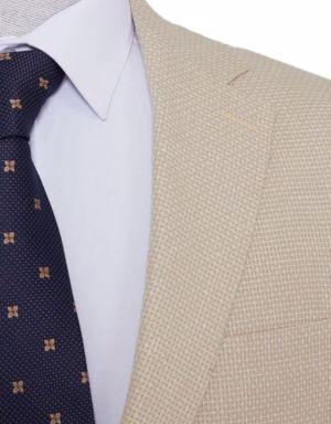 Bej Slim Fit Desenli Keten Ceket