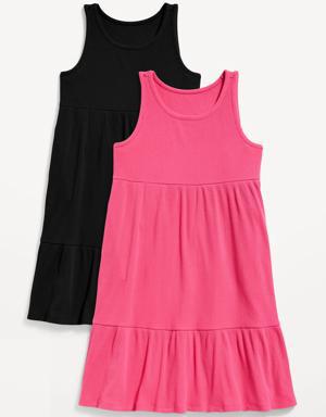 Sleeveless Rib-Knit Tiered Swing Dress for Girls pink