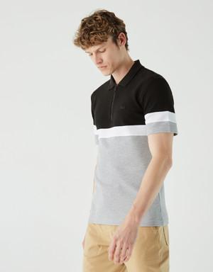Erkek Regular Fit Yarım Fermuarlı Renk Bloklu Siyah Polo