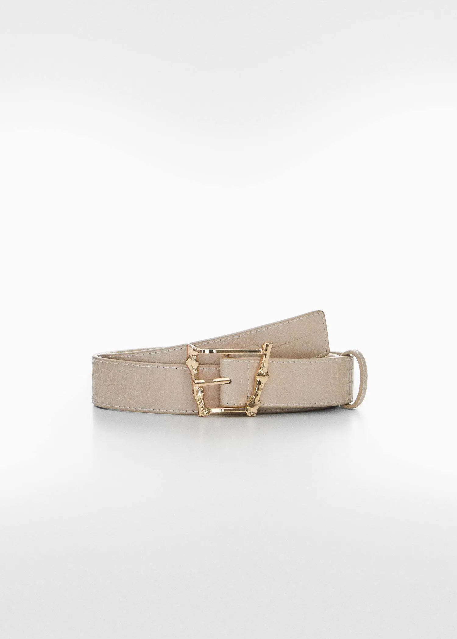 Mango Embossed buckle croc-effect belt. a white belt with a gold chain on it. 