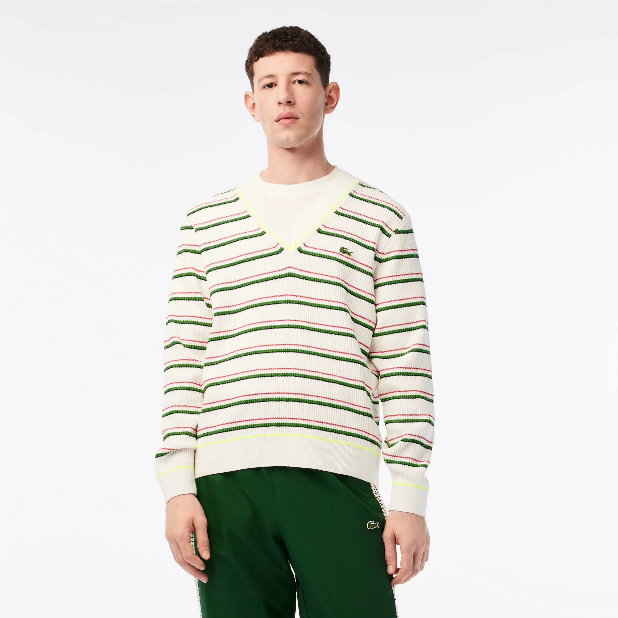 Lacoste Men’s Lacoste Striped French Made V-Neck Sweater. 1