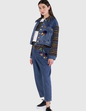 With Garni Fabric on the Sleeves and Collar Blue Jean Jacket