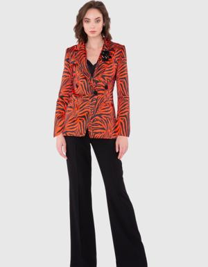 Zebra Patterned Contrast Flowy Crepe Trousers Red Suit
