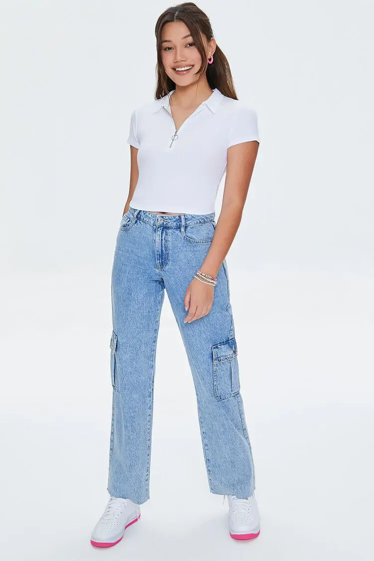 Forever 21 Forever 21 Cargo Straight Leg Jeans Light Denim. 1