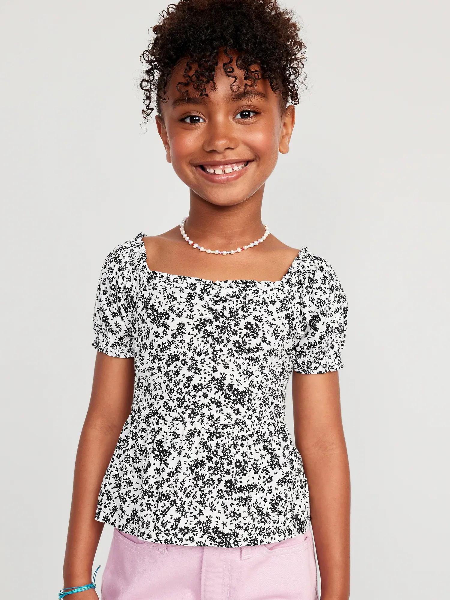 Old Navy Printed Short Puff-Sleeve Smocked Top for Girls white. 1