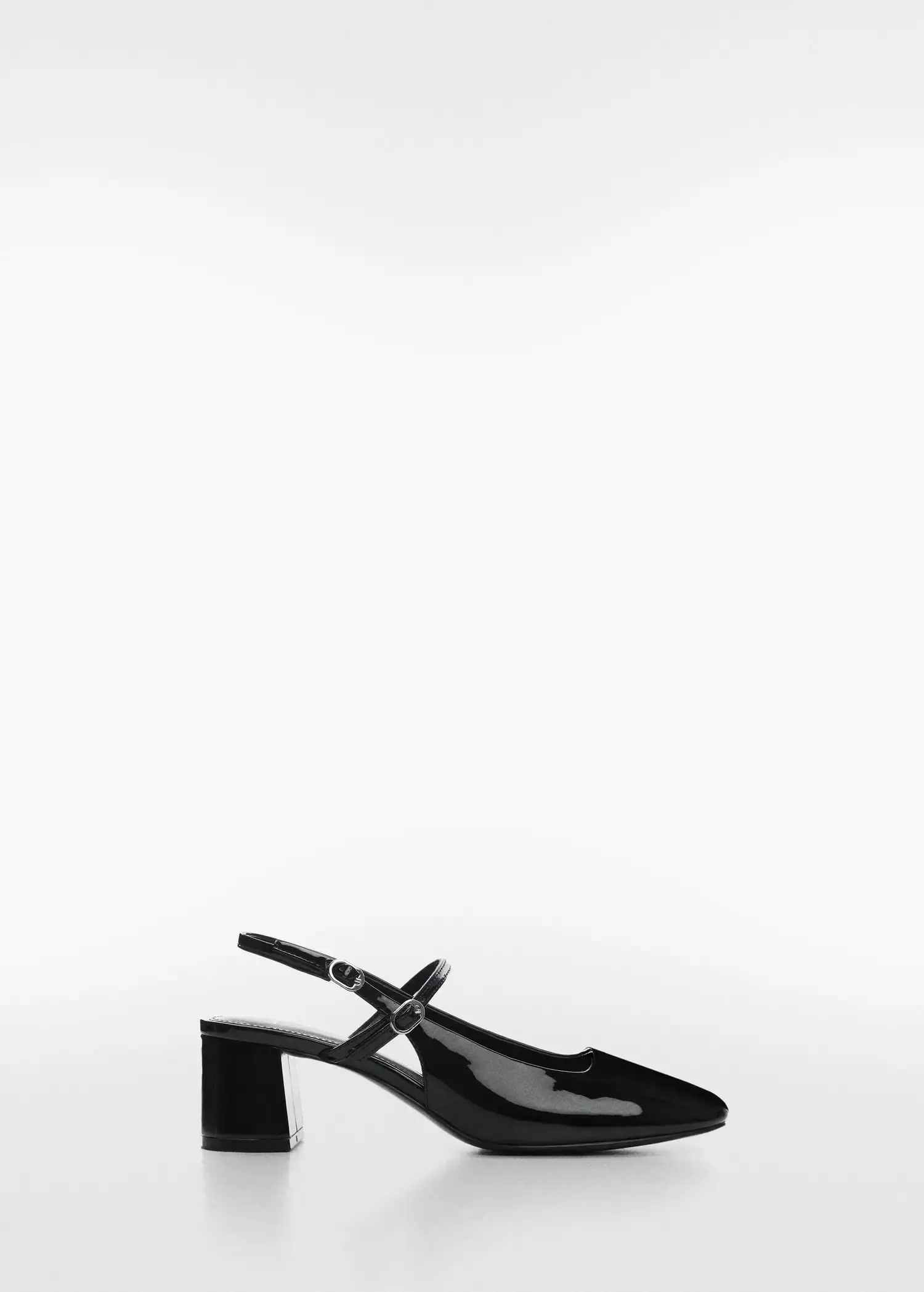 Mango Block heel shoe. a pair of black high heeled shoes on a white background. 