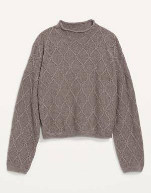 Mock-Neck Diamond Stitch Cable-Knit Pullover Sweater for Women
